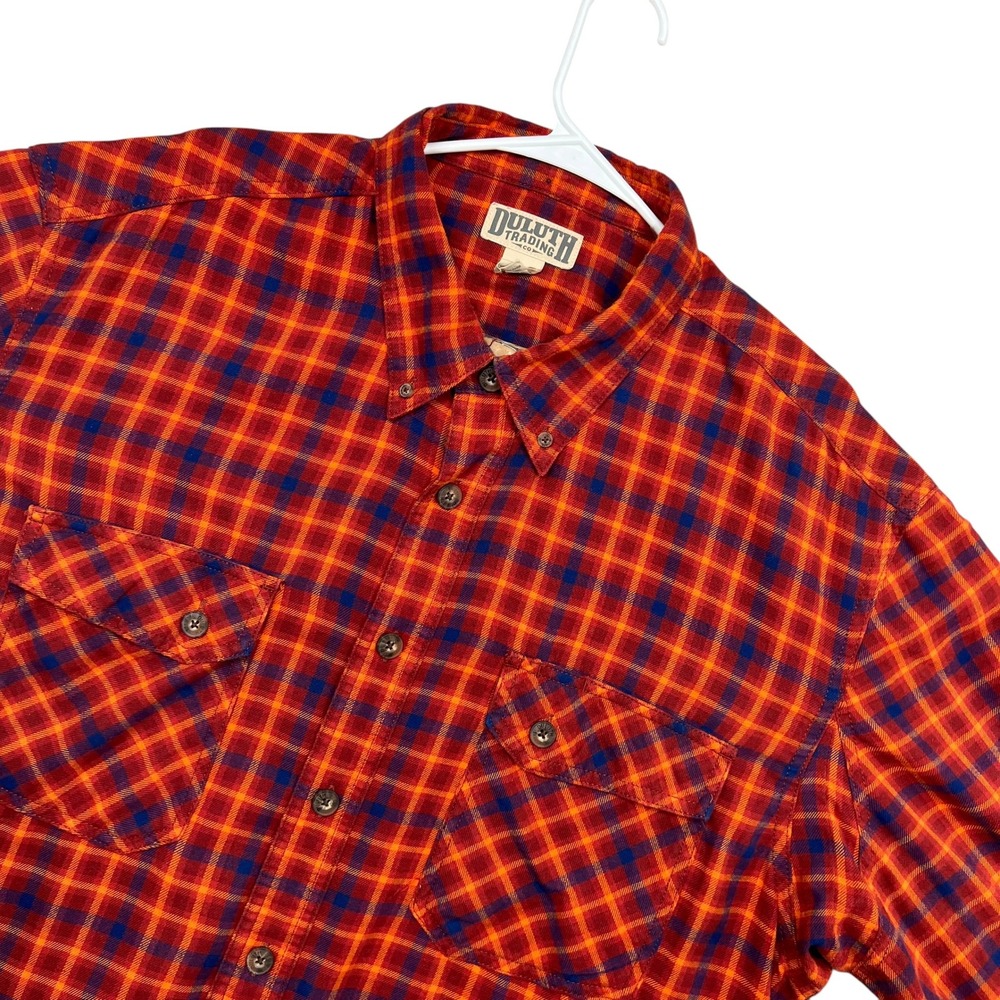 Duluth Trading Co Button Down Shirt Mens 2XL Tall Red Plaid Flannel Pockets